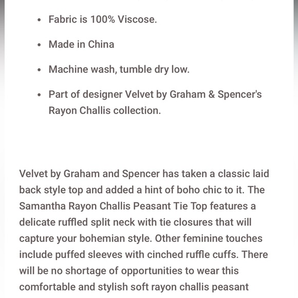 Velvet Samantha Rayon Challis Peasant Top by GRAHAM & SPENCER EUC - Picture 6 of 6